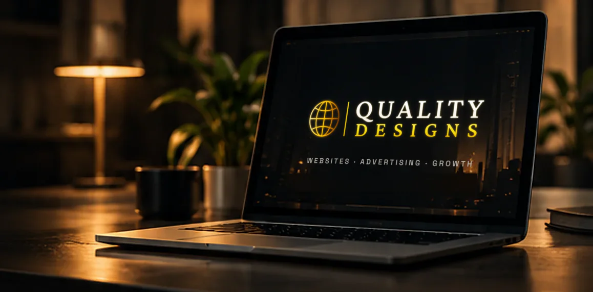 A laptop with “Quality Designs” on its screen, beside a warm desk lamp